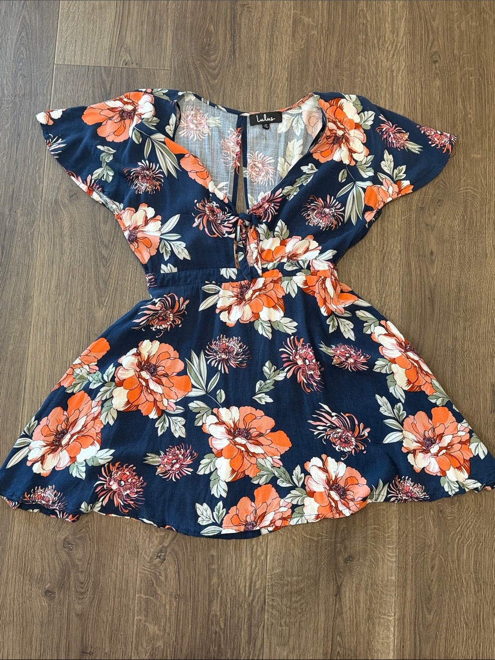 Lulu's Botanic of Time Navy Blue Floral Print Tie-Front Skater Dress Medium